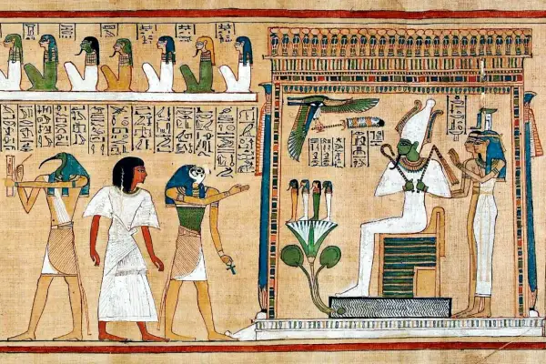 En bild från dödsboken visar Osiris, en gudinna i Egypten, sittande på en tron. Bredvid honom står Isis och Nephthys.