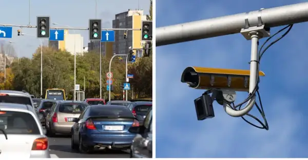 Kamera rejestrująca przejazd na czerwonym świetle i korek uliczny. Zastanawiasz się, po jakim czasie przychodzi mandat za przejazd na czerwonym świetle?