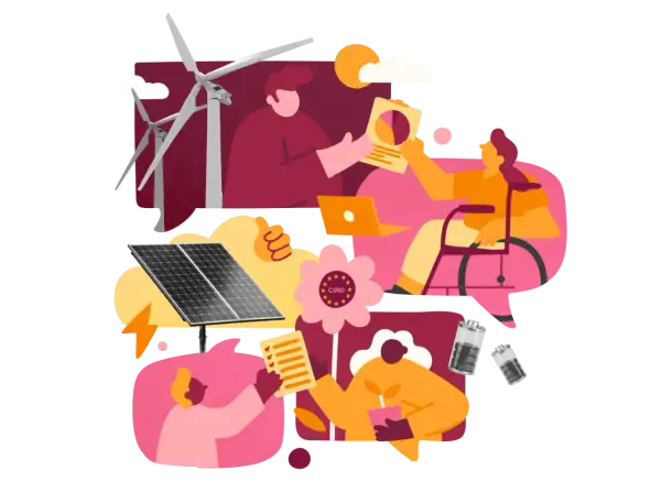 Illustration visar hur csr betyder hållbarhet med vindkraft, solpaneler, batterier, och människor som samarbetar för en bättre framtid.
