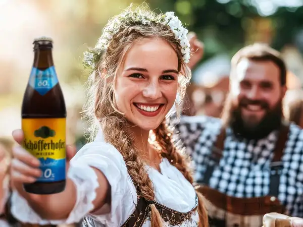 Uśmiechnięta dziewczyna w wianku z kwiatów trzyma butelkę Schöfferhofer Weizen, oferując to dobre niemieckie piwo. W tle widać radosnych ludzi.