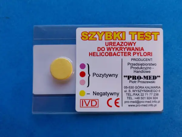 Szybki test ureazowy do wykrywania Helicobacter pylori. Wynik pozytywny widoczny po zmianie koloru.