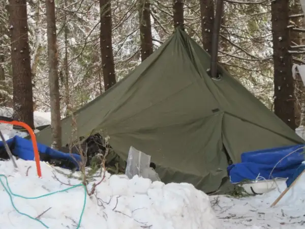Grön lavvo med skorsten i en snöig skog. Utrustning för vintercamping ligger utspridd i snön.