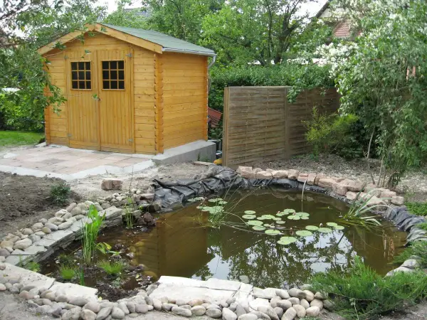 Un bassin d'agrément avec des nénuphars, une cabane en bois et une clôture en bois créent un espace paisible, préservant l'intimité du voisin.