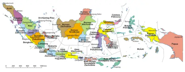 Mapa Indonezji z podziałem na prowincje. Planujesz podróż i zastanawiasz się, jakie mapy offline najlepiej działają na odległych wyspach Indonezji?