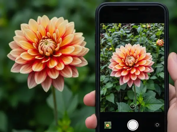 Dłoń trzyma smartfon, na którym aplikacja Plantsnap identyfikuje pięknego, pomarańczowo-czerwonego kwiatu dalii.