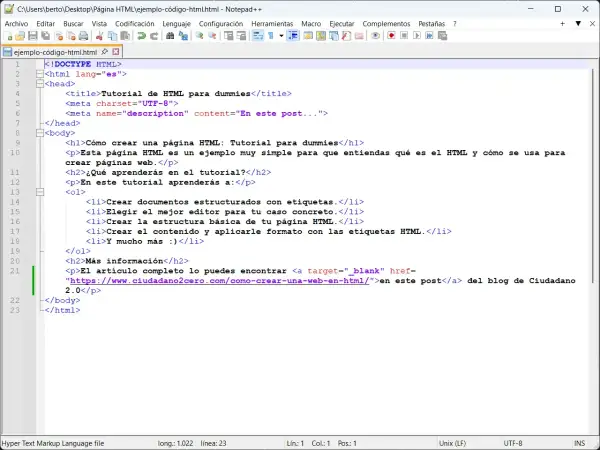 Código HTML que explica qué es HTML y para qué sirve, detallando cómo crear páginas web y estructurar contenido.
