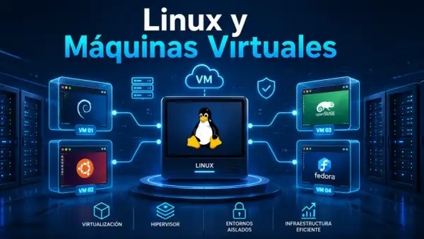 Ilustración de Linux y máquinas virtuales, mostrando distribuciones como Debian, Ubuntu, openSUSE y Fedora.
