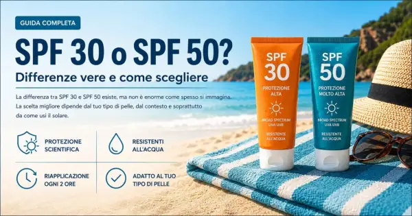 Due tubetti di crema solare viso SPF 30 e SPF 50 sulla spiaggia, con cappello e occhiali da sole. Protezione quotidiana per la tua pelle.