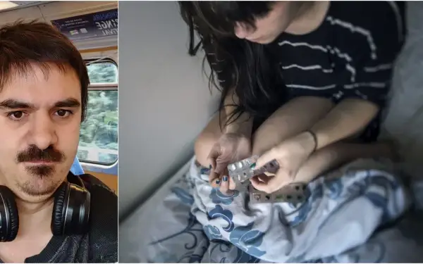En person med mörkt hår sitter i sängen och håller i en tablettask. Kanske funderar hen på anafranil biverkningar.