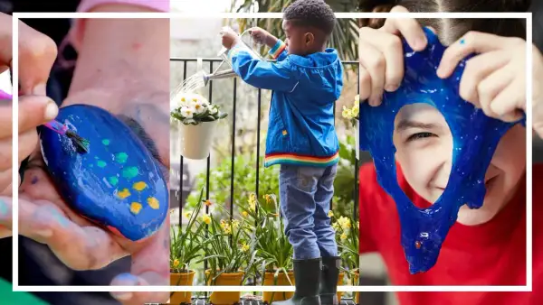 Barn målar stenar, vattnar blommor och leker med slime. Roliga aktiviteter i skogen med barn som inspirerar till lek och kreativitet.