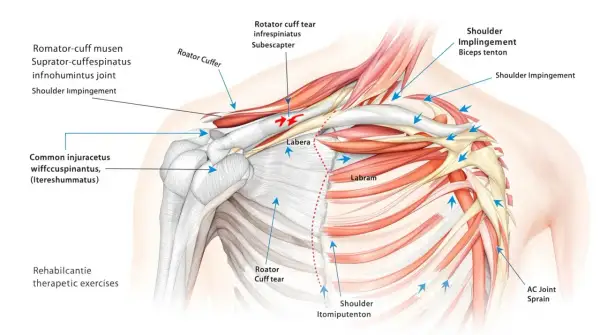 Anatomical illustration of a boxers shoulder, detailing rotator cuff tears, impingement, and labrum injuries.