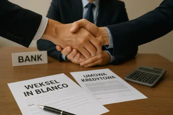 Uścisk dłoni po podpisaniu umowy kredytowej i weksla in blanco.
