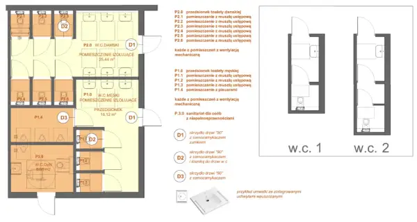 Rzut architektoniczny toalet z podziałem na damskie i męskie, z zaznaczonymi wymiarami kabin toaletowych i pomieszczeń.