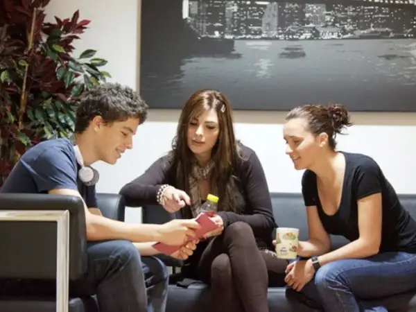 Jóvenes planeando su intercambio en Londres, sentados en un sofá, con una planta y un cuadro de la ciudad de fondo.