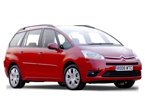 Czerwony Citroen C4 Grand Picasso 2.0 HDI, idealny na rodzinne wycieczki, z przestronnym wnętrzem i dynamicznym silnikiem.
