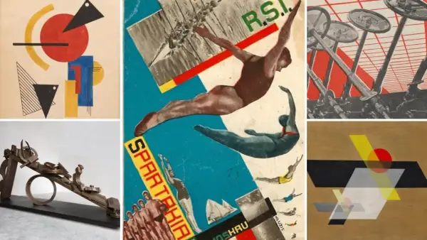 A collage of constructivism art, featuring abstract shapes, divers in mid-air, and industrial elements.