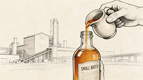 Ręka przelewa bursztynowy alkohol z dzbanka do butelki z etykietą "SMALL BATCH". Idealny alkohol na 50 urodziny, prosto z destylarni.