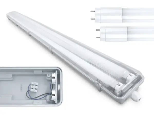 Lampa przemysłowa z dwoma świetlówkami, odporna na wilgoć i pył (klasa szczelności **halogen ip65**). Widoczne elementy montażowe i świetlówki.