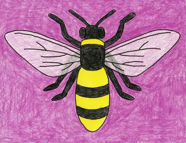 Un dibujo abeja facil con rayas amarillas y negras, alas rosadas y fondo morado.