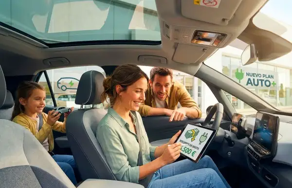 Familia planea sus próximos movimientos 4, revisando un descuento de 5.500€ en una tablet dentro de un coche eléctrico.