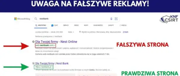 Oszukani przez Nest Bank? Uważaj na fałszywe reklamy! Czerwona strzałka wskazuje fałszywą stronę web-nestbank.com, zielona prawdziwą nestbank.pl.