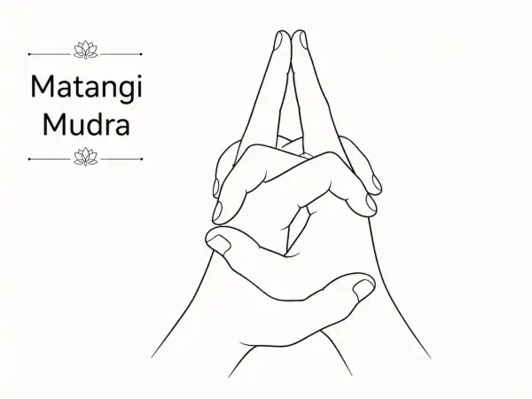 Manos entrelazadas formando el Matangi Mudra, con los dedos índice y medio apuntando hacia arriba.