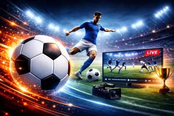 Piłkarz kopie piłkę na tle stadionu, obok telewizor z transmisją meczu i puchar.