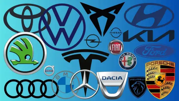 Kolekcja logotypów najlepszych marek samochodów: Toyota, VW, Cupra, Hyundai, Kia, Skoda, Opel, Fiat, Ford, Alfa Romeo, Tesla, Volvo, Audi, BMW, Mercedes, Dacia, Peugeot, Porsche.
