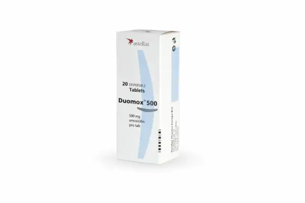 Opakowanie leku Duomox 500 mg, zawierające 20 tabletek dyspergowalnych z amoksycyliną, stosowane w leczeniu infekcji bakteryjnych.