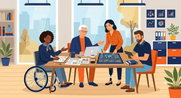 Team diversificato discute strategie aziendali. Un uomo in sedia a rotelle, una donna con protesi alla gamba, un anziano e una giovane donna collaborano. Il collocamento mirato cos'è? È inclusione e valorizzazione di ogni talento.