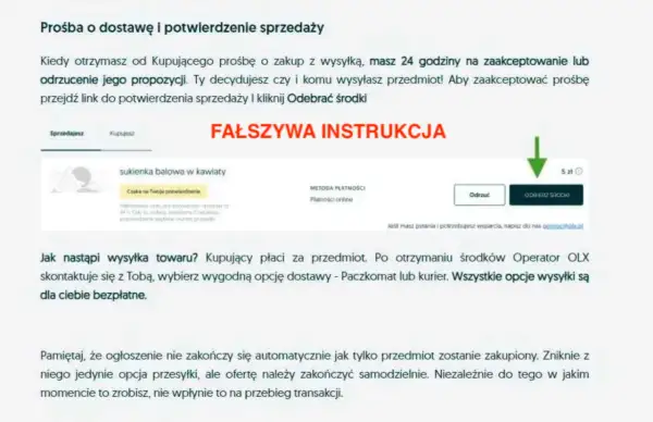 Ostrzeżenie przed oszustwami na OLX: fałszywa instrukcja "Odebrać środki" może prowadzić do utraty pieniędzy. Uważaj na podejrzane linki.