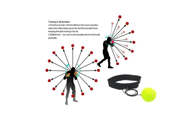 Diagrams illustrate reflex ball training with silhouettes of boxers and a tennis ball on a string, showing how to improve hand-eye coordination.