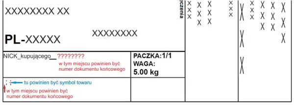 Fragment etykiety DPD z danymi nadawcy i odbiorcy, informacją o wadze paczki 5.00 kg oraz miejscem na symbol towaru.