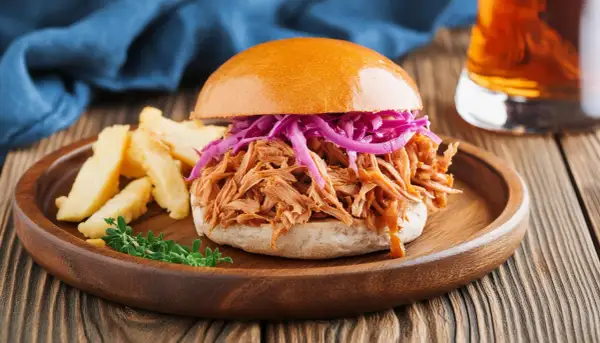 Pulled Pork Burger mit Krautsalat und Pommes. Welche Sauce zu Pulled Pork Burger passt? Hier eine Inspiration!