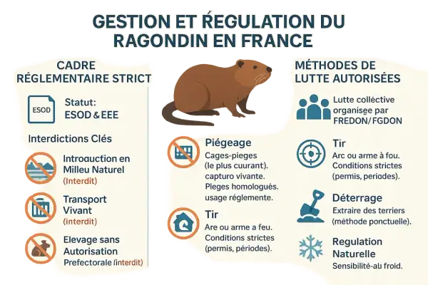 Illustration sur la gestion du ragondin, un animal considéré comme dangereux, avec les interdictions et méthodes de lutte autorisées.