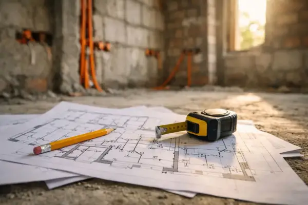 Plan domu z ołówkiem i miarką na tle ścian z widocznymi przewodami elektrycznymi. Ciekawe rozwiązania elektryczne w domu w trakcie budowy.
