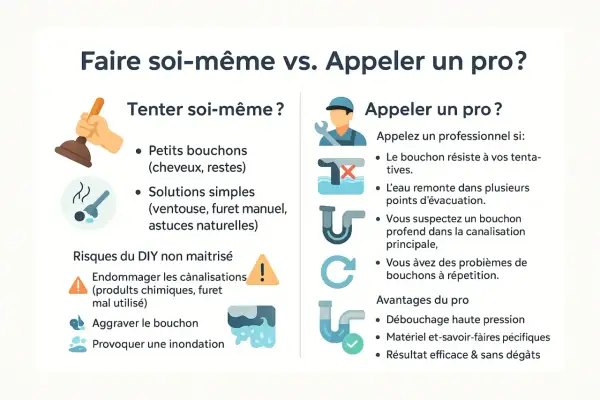 Comparaison : bricolage vs. pro pour le débouchage canalisations eaux usées. Le bricolage pour petits bouchons, le pro pour problèmes persistants.
