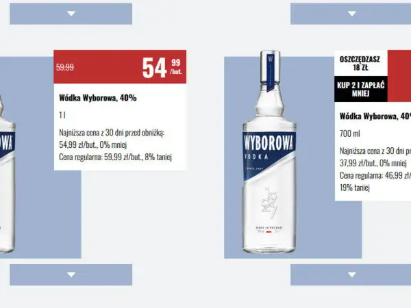 Wódka Wyborowa 0.7 cena promocyjna 37,99 zł/but. Oszczędzasz 18 zł.
