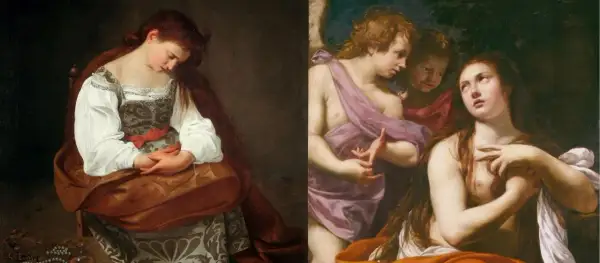 Maria von Magdala, nachdenklich, mit Perlen und Salbgefäß. Daneben Engel, die sie trösten.