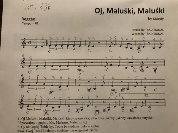 Nuty do piosenki "Oj, Maluśki, Maluśki" w stylu reggae. Podano akordy i rytm, co ułatwia naukę, jak zagrać na gitarze "Sto lat" w tej aranżacji.