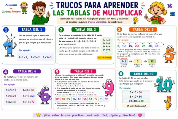 La tabla del 10 es muy sencilla. Añade un 0 al número a multiplicar. Por ejemplo: 5x10=50. ¡Así infinitamente!