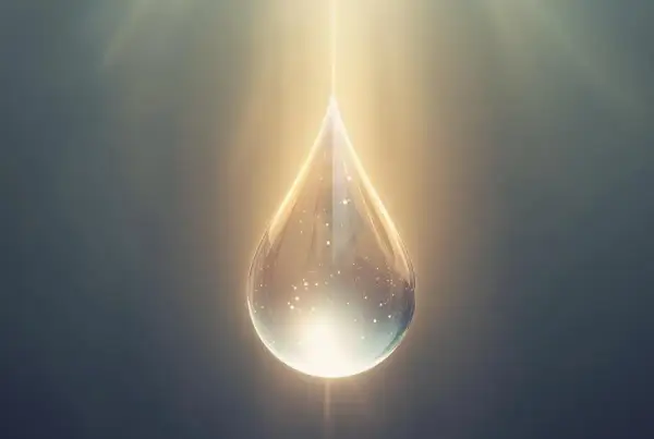 Goutte lumineuse, symbole d'espoir. Une goutte d'eau scintillante, baignée de lumière, évoque la question : peut-on guérir de la goutte ?