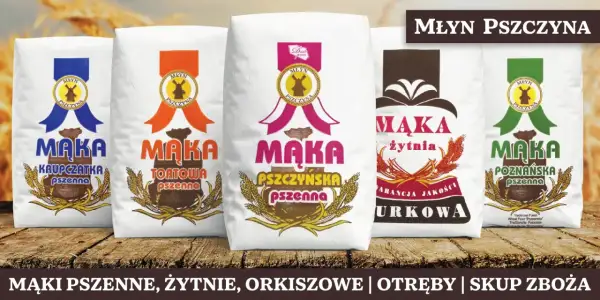 Pięć worków mąki różnych rodzajów z logo "Młyn Pszczyna" na drewnianym tle.