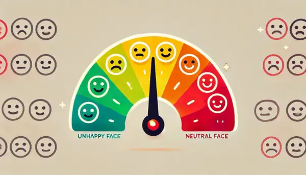 Wskaźnik nastroju z emotikonami, od smutnych po uśmiechnięte. Pokazuje, jak ocenić **csat co to** za pomocą skali emocji.