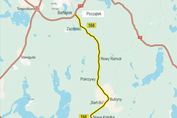 Mapa z zaznaczoną trasą rowerową Olsztyn, prowadzącą przez Bartążek, Zazdrość, Pokrzywy i Butryny.