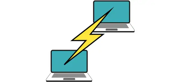 Dwa laptopy połączone błyskawicą, symbolizujące szybką komunikację, jak np. przez telnet.