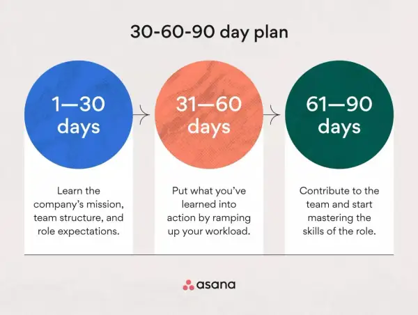 Piano di **induzione aziendale** in 3 fasi: 1-30 giorni (apprendimento), 31-60 giorni (azione) e 61-90 giorni (padronanza).