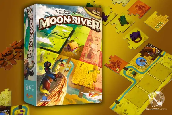 Gra planszowa "Moon River" z motywem Dzikiego Zachodu. Na pudełku kowboj na koniu, a obok elementy planszy i żetony.