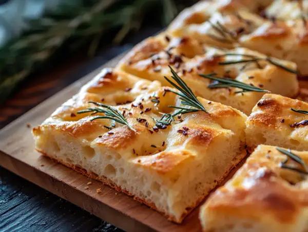 Nybakad focaccia med rosmarin och flingsalt, perfekt för ett enkelt focaccia recept.