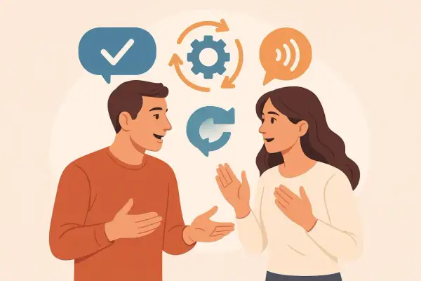 Para rozmawia, ilustrując zasady komunikacji interpersonalnej: zrozumienie, dialog i feedback.
